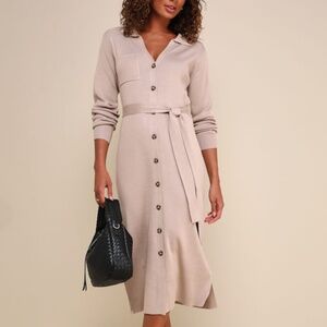 Lulus Charming Comfort Beige Collared Button-up Sweater Dress - Size XL